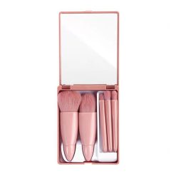 Hộp Cọ Trang Điểm Cao Cấp Kèm Gương Màu Hồng Phấn 5 Cây